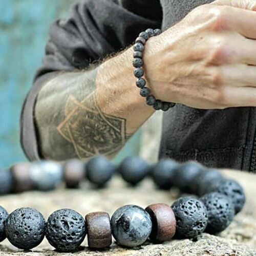 Bracelet homme pierre naturelle roche lave perles de yoga élastiques bracelet 8 mm chaud - Photo 1 sur 10