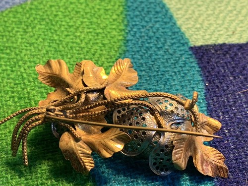 Vintage Czechoslovakian Gold Silver Tone Plated Metal Brooch Pin Free Ship - Picture 2 of 9