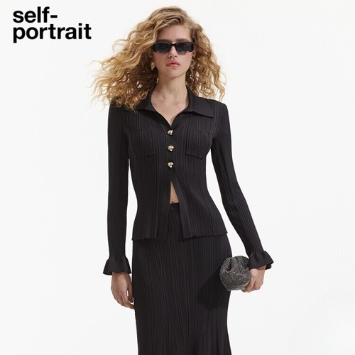 Self-Portrait Women's Classic Slim Fit Elegant Knitted Collared Long Sleeved Top