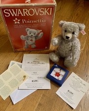 STEIFF "POINSETTIA" Bear -10" Gray Mohair With SWAROVSKI ORNAMENT - NEW WITH BOX