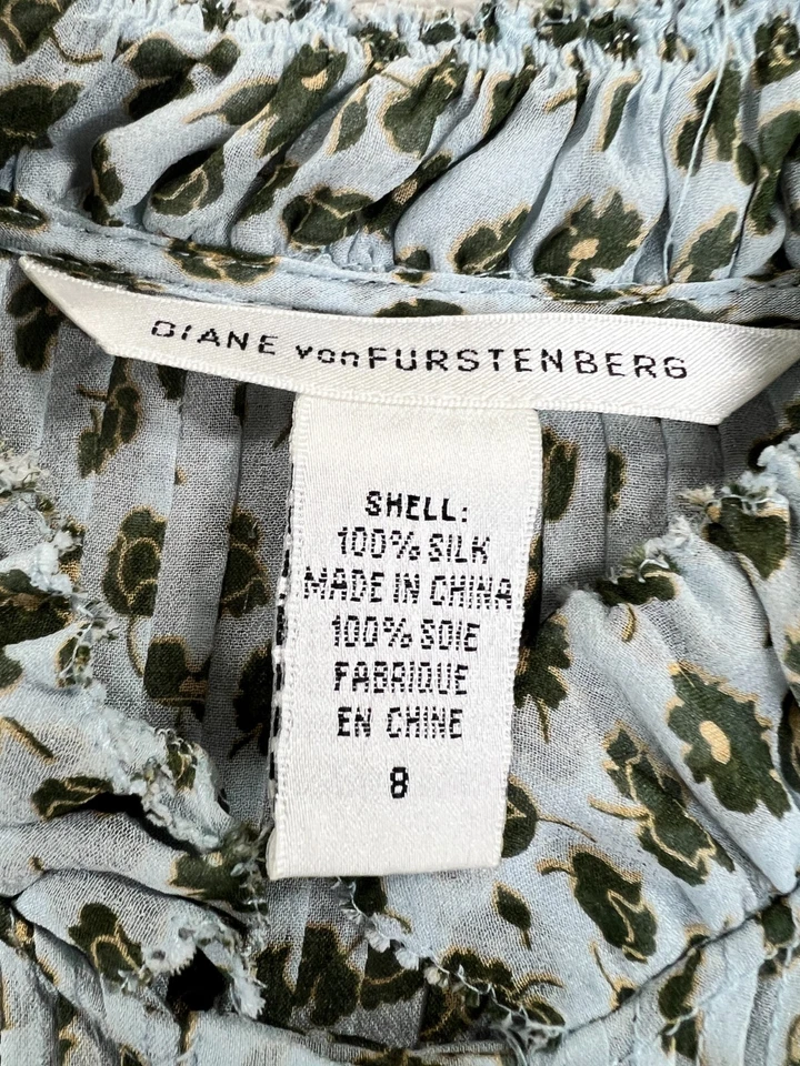 Diane Von Furstenberg 衬衫女式 8 蓝色花卉印花 100 真丝纽扣衬衫 — 第 4/4 张图片