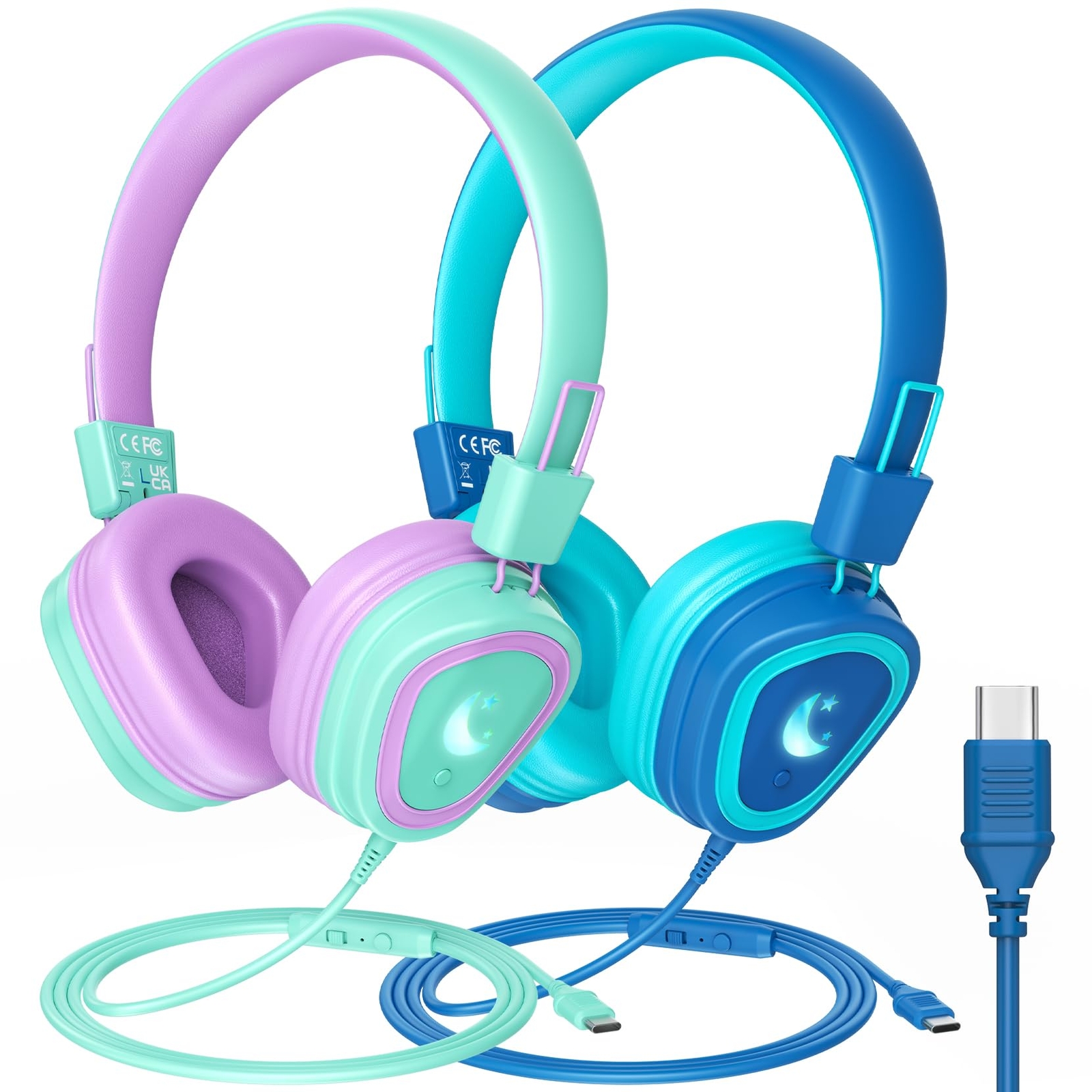 2024 Upgrade Kids USB-C Headphones 2-Pack with LED Lights for School