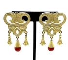 Vintage Etruscan Revival Brushed Gold Drop Dangle Lucite Red Carnelian Earrings