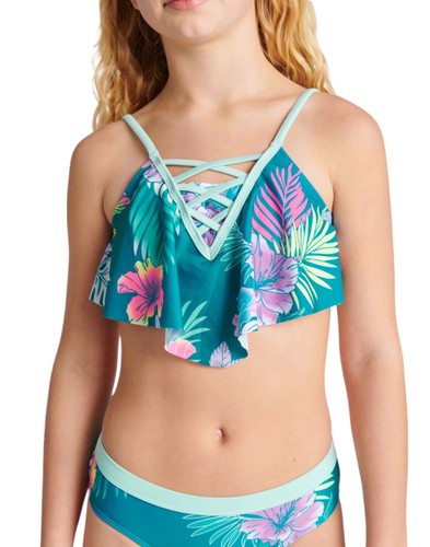 Justice Girls Bikini Swimsuit Teal 12/14 Flounce Floral Crisscross Front 2 Piece - Picture 3 of 10