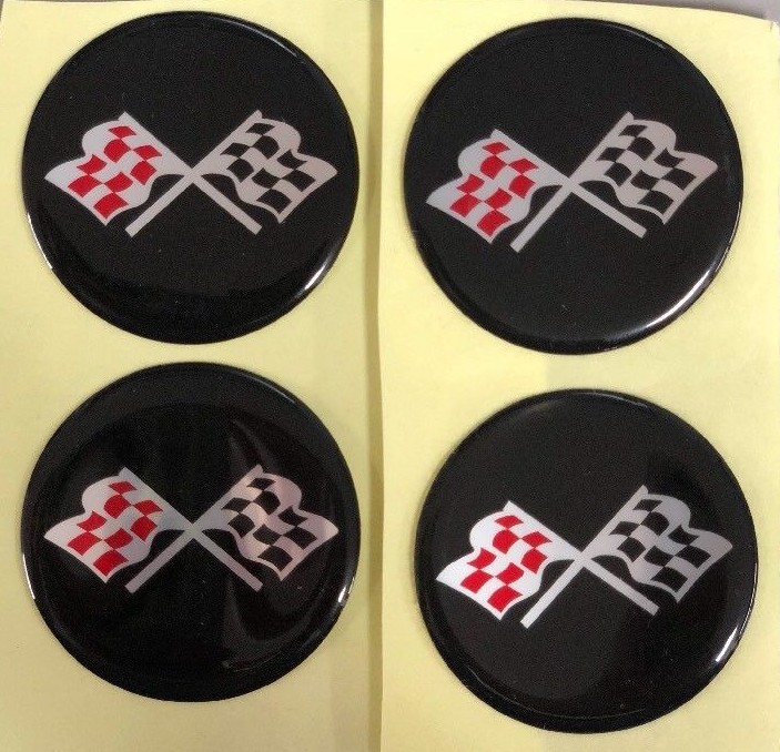 Set Of Black Crossed Flag Wheel Center Cap Decals For Chevy Corvette - 1.75 Inch (44mm) Self-Adhesive Hub Cap Stickers (Silver)