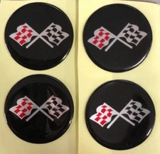 CORVETTE STYLE BLACK CROSSED FLAG Wheel Hub Center Cap STICKER DECAL 44mm Set