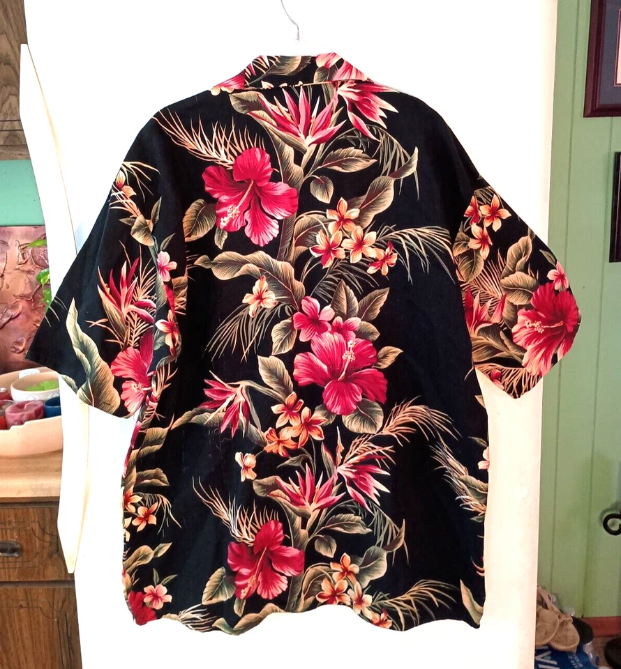 VINTAGE MEN'S LITTLE MOON BLACK FLORAL BARKCLOTH COTTON HAWAIIAN SHIRT SIZE L - Image 2 of 4