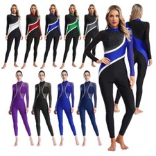 US Womens Sheer Mesh Gymnastics Leotard Long Sleeve Shiny Rhinestones Costume