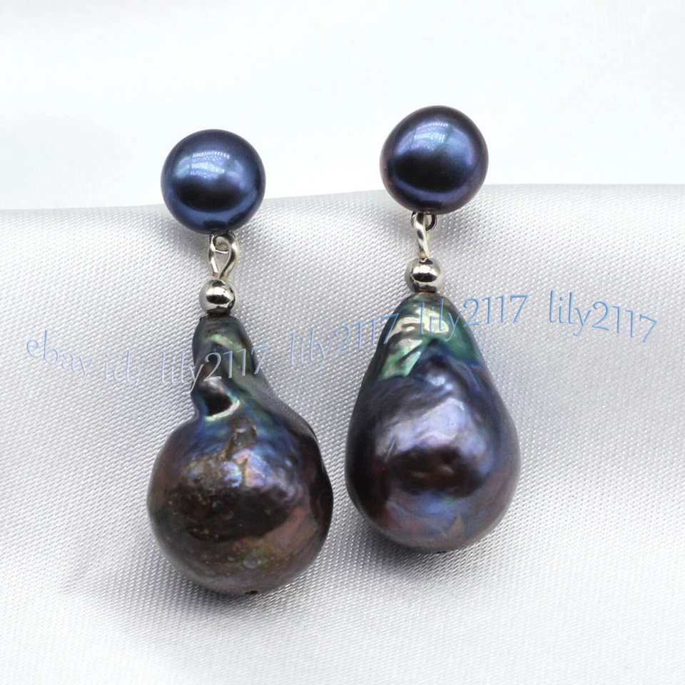 ENORMES ARETES COLGANTES DE PLATA PERLA BARROCA KESHI NEGRA NATURAL REAL DE 16-20 MM Foto 2 de 4