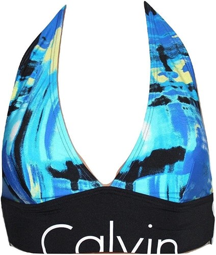 Calvin Klein CYAN MONET BLUE Logo Halter Bikini Swim Top, US Small - Picture 2 of 3
