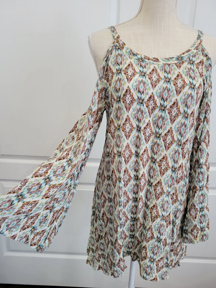 Top túnica Millau talla S manga larga campana blanco azul marrón estampado podría hombro Foto 2 de 4