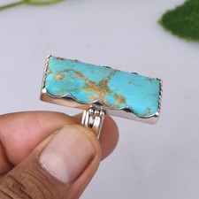 Beautiful 925 Sterling Silver Kingman Turquoise Statement Elongated Ring Jewelry