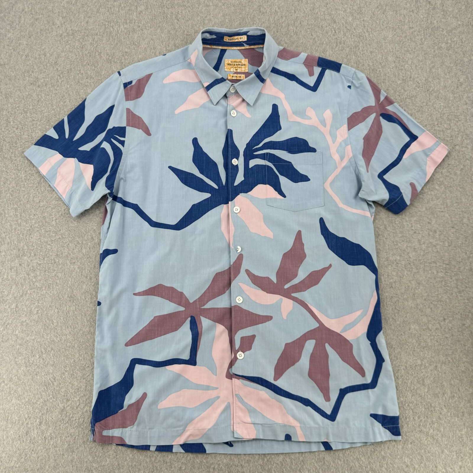 Quiksilver Waterman Shirt Mens Medium Blue Floral Print Short Sleeve Button Down