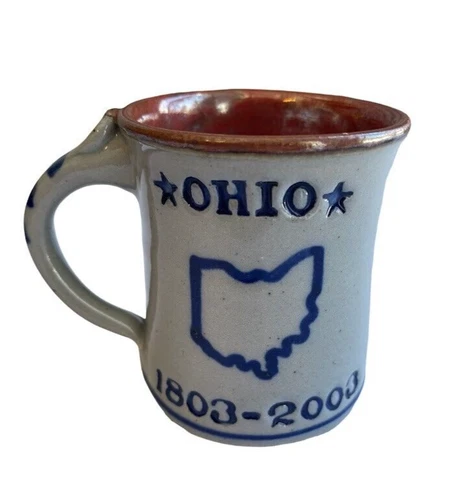 Vntg Ohio Proud Mug 1803-2003 Stoneware Glazed Blue Brown SIGNED Unique Handle