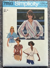 Simplicity Pattern #7893 UNCUT Vintage Misses Front Wrap Pullover Blouse Size 14