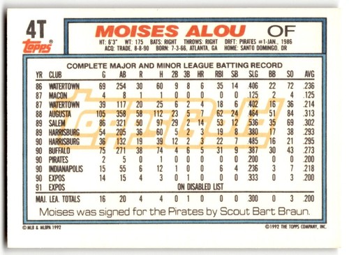 1992 Topps Traded Gold Moises Alou #4T Montreal Expos - Picture 2 of 2