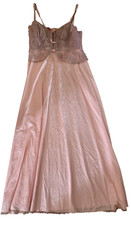 Vintage Chic pink long chemise nightie retro lingerie bows lace bodice M L