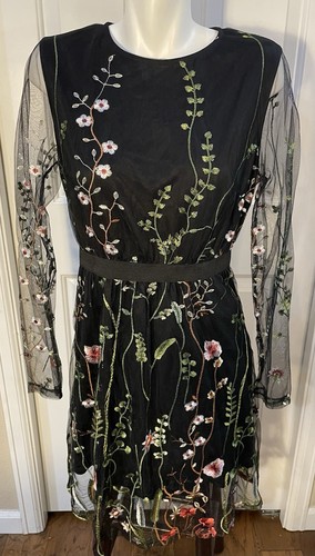 Unbranded Dress Women’s Size Large Black Embroidered Floral Mesh Overlay