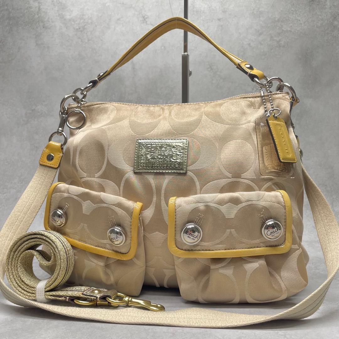 COACH POPPY 2way Shoulder Bag Satin Canvas Leather Beige Authentic Genuine