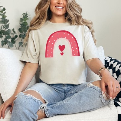 Rosa Herz Regenbogen Damen Ring-Spun T-Shirt Boho Liebe Geschenk für Sie