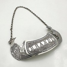 ANTIQUE BRANDY DECANTER LABEL BIRDS SILVER PLATE Unmarked