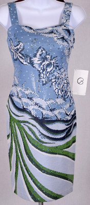 NWT ST JOHN Womens Blue Green White Sequins Studs Pearl Throughout Dress Sz 2