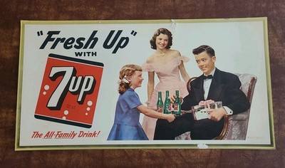 1951 7 Up Advertising Sign Fresh Up Litho Cardstock Store Display 21x11''