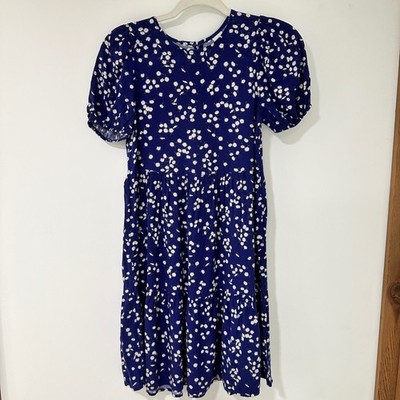 LCW Girls Daisy Floral Tiered Dress 9-10Y Navy Blue Puff Sleeve | Cottagecore