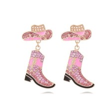 Colorful Rhinestone Western Boots Dangle Drop Earrings for Women Boho Pink