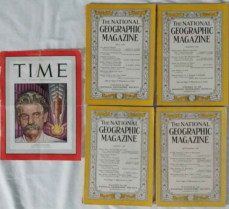 4 Vintage Magazines 1947 1948 National Geographic + 1949 Schweitzer Time Cover
