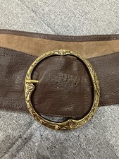 Vintage Wide Brown Leather Belt Ornate Gold Tone Large Buckle Boho Indie