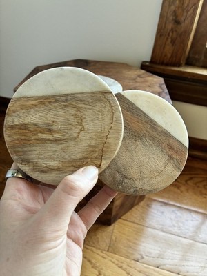 Marble & Mango Wood Coaster Set / Set of 4 / 4 inches wide