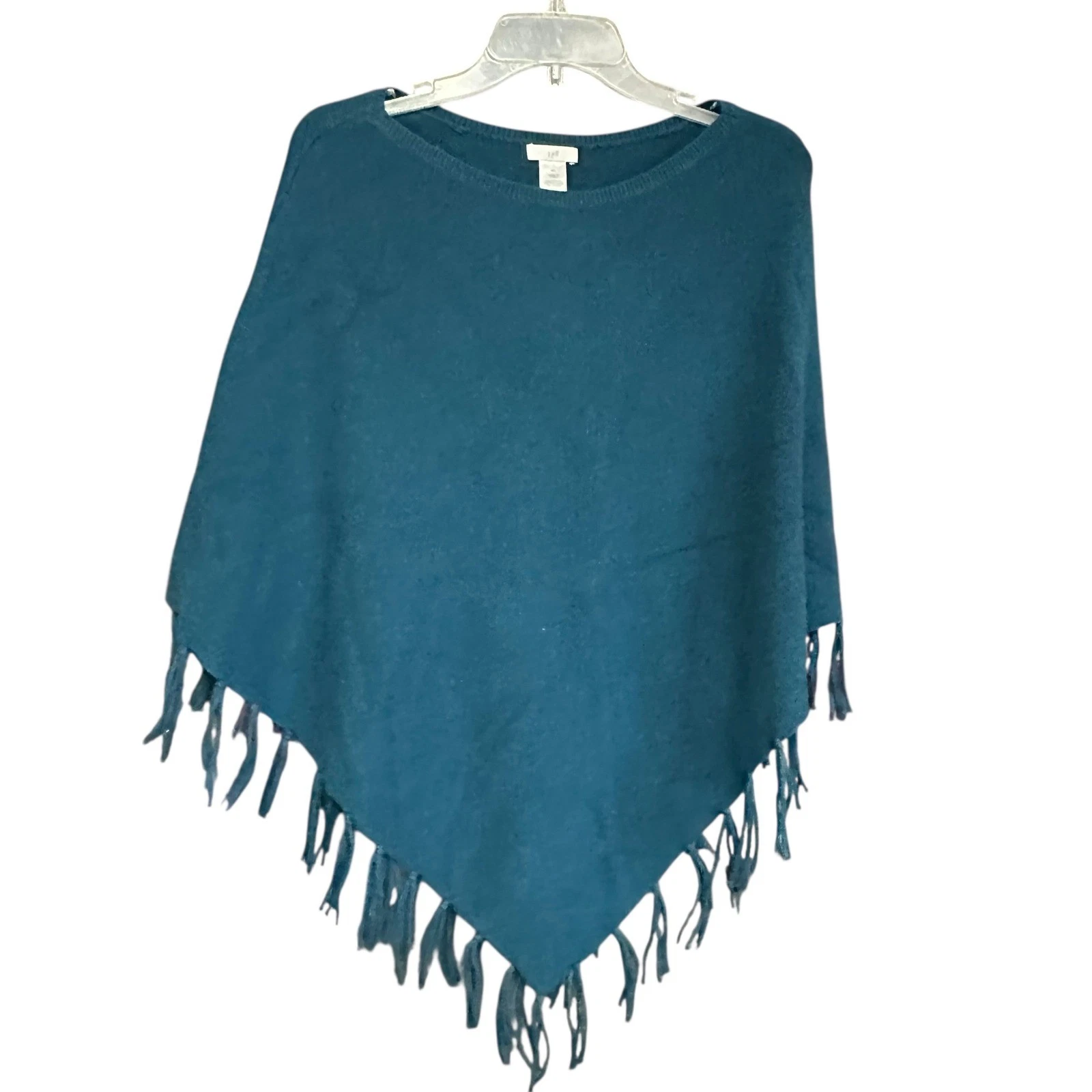J Jill Teal Blue Fringe Poncho Sweater Women Sz S-L Boho Casual Cowgirl Western