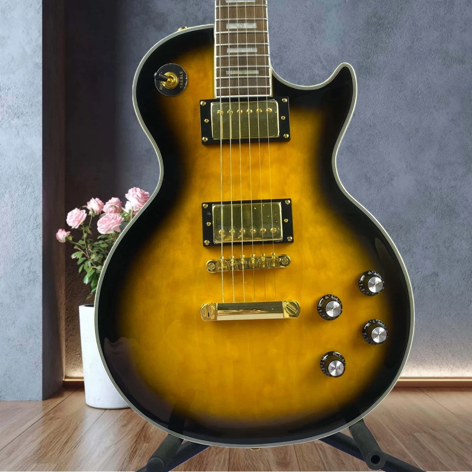 LP Custom Electric Guitar  Black Ring Yellow Rectangular Inlay Metal Hardware - Image 2 of 4