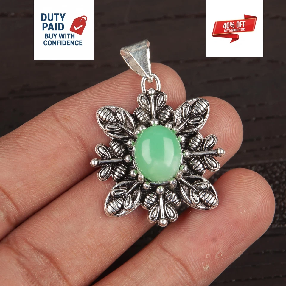 Свадебный кулон из стерлингового серебра 925 пробы с натуральным хризопразом на День благодарения - Изображение 3 из 4