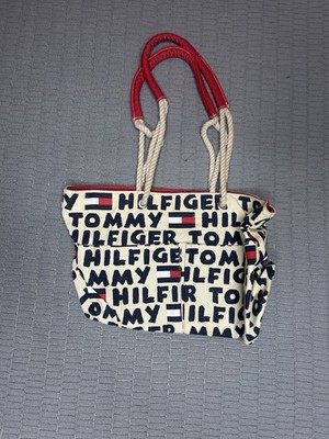 Tommy Hilfiger Tote Bag Canvas Purse Script Color Block Rope Handle