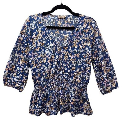 Lavish Womens Blue Floral V-Neck Smocked Peplum Top 3/4 Sleeve Size L