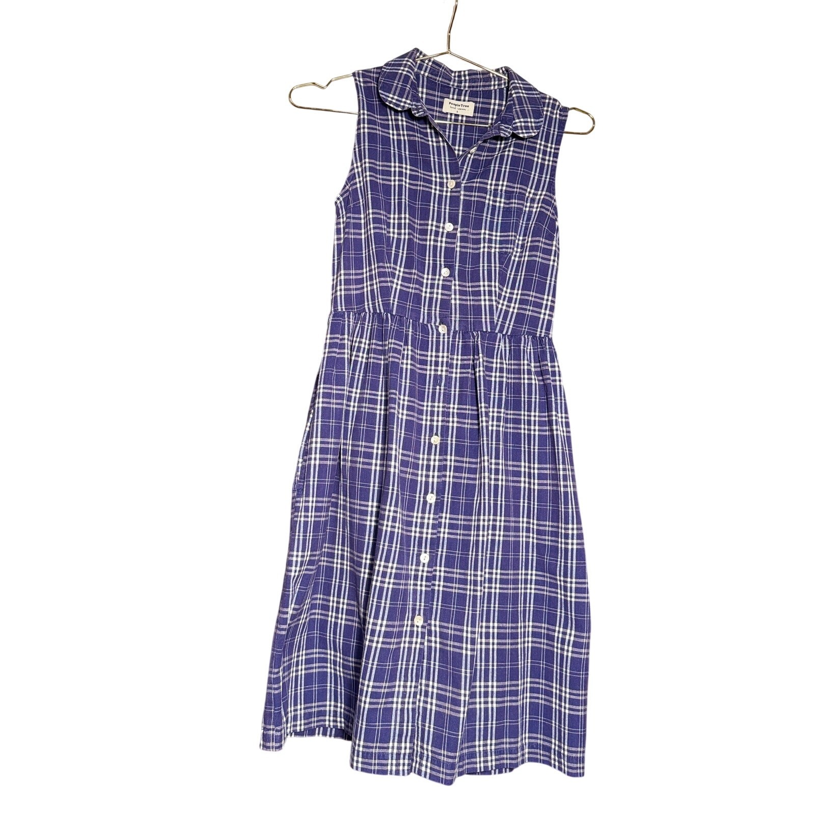 People Tree Purple Plaid Sleeveless Midi Dress Button Front Cotton Boho Small
