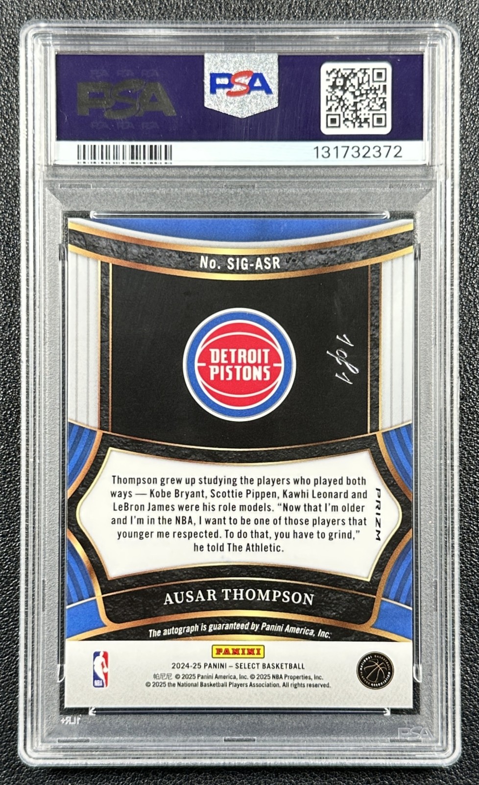AUSAR THOMPSON PSA 10 2024 PANINI SELECT BLACK SNAKE SKIN PULSAR PRIZM AUTO 1/1 view 2