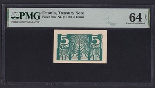 Estonia 5 Penni 1919 Pick 39a PMG 64 UNC