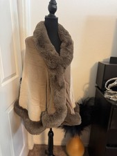 Women s Beige/Brown Solid Shawl/Wrap with Faux Fur Trim Faux Fur Fabric