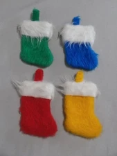 4 Vintage Furry Mini Christmas Stocking Ornaments Red Blue Green Yellow 3 1/2"
