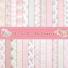 24 Sheets Scrapbook Paper 12x12 Inch Pink Floral Scrapbooking Paper Double-Si...