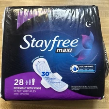 Stayfree Maxi Pads Overnight With Wings - 28 Pads - Ripped Packaging