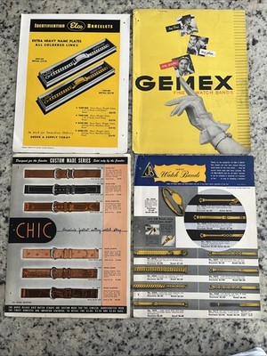 Vintage Lot- 4 1950s Watch Band Strap ID Bracelet Brochures Elco Gemex CHIC JB