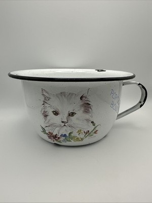 Daugherty Studio White Enameled Painted Cat Popcorn Bowl Signed Karen Vintage