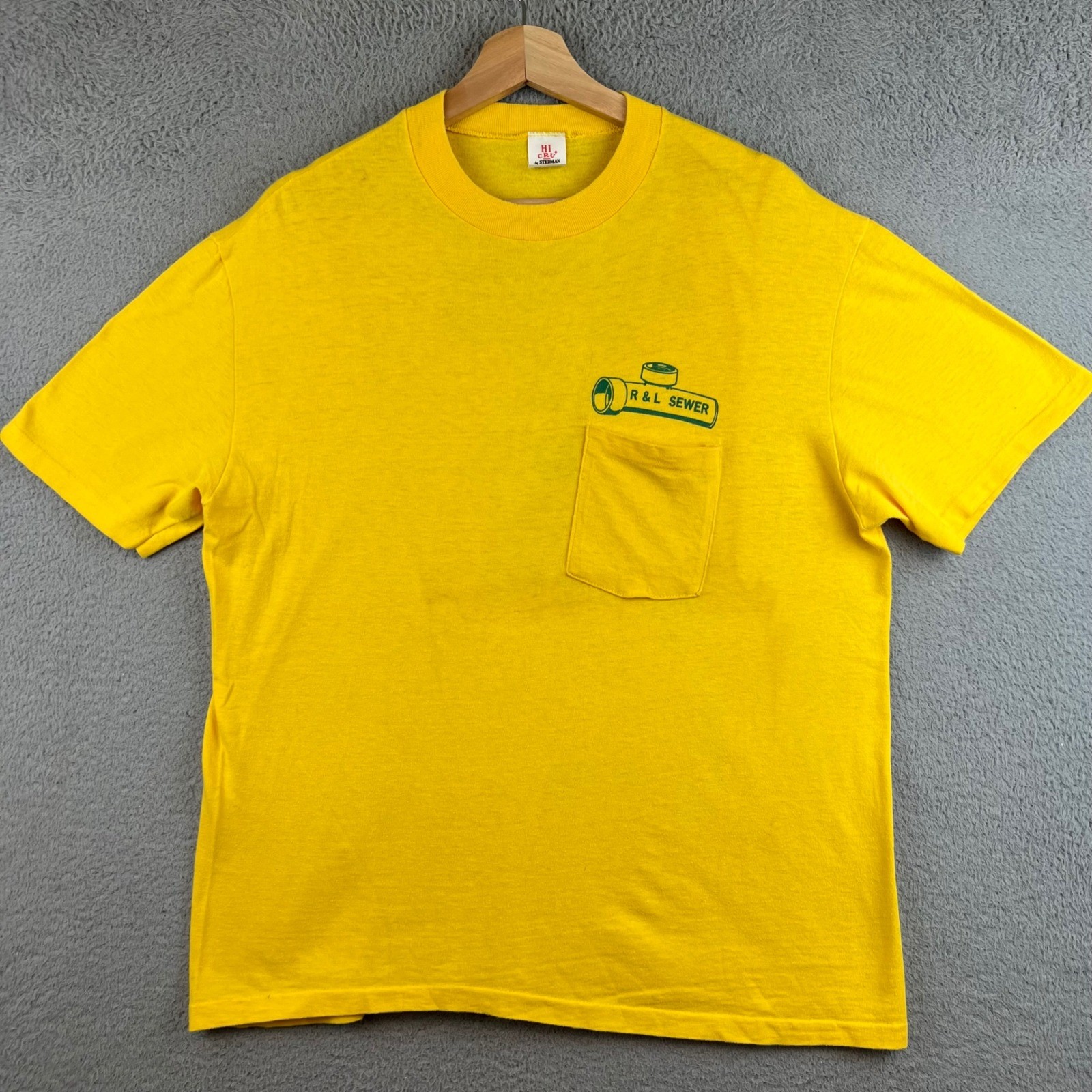 Vintage 80s Hi Cru by Stedman Yellow R & L Sewer Scream & Yell Pocket T-Shirt L image 2