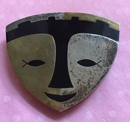 Mexikanische Silber, Messing Brosche, Maske, 80er Jahre