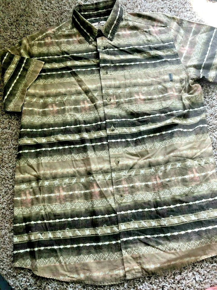 Woolrich Vtg. Short Sleeve Button Down L Large Brown Aztec Fish Animal Print Euc - Image 3 of 4