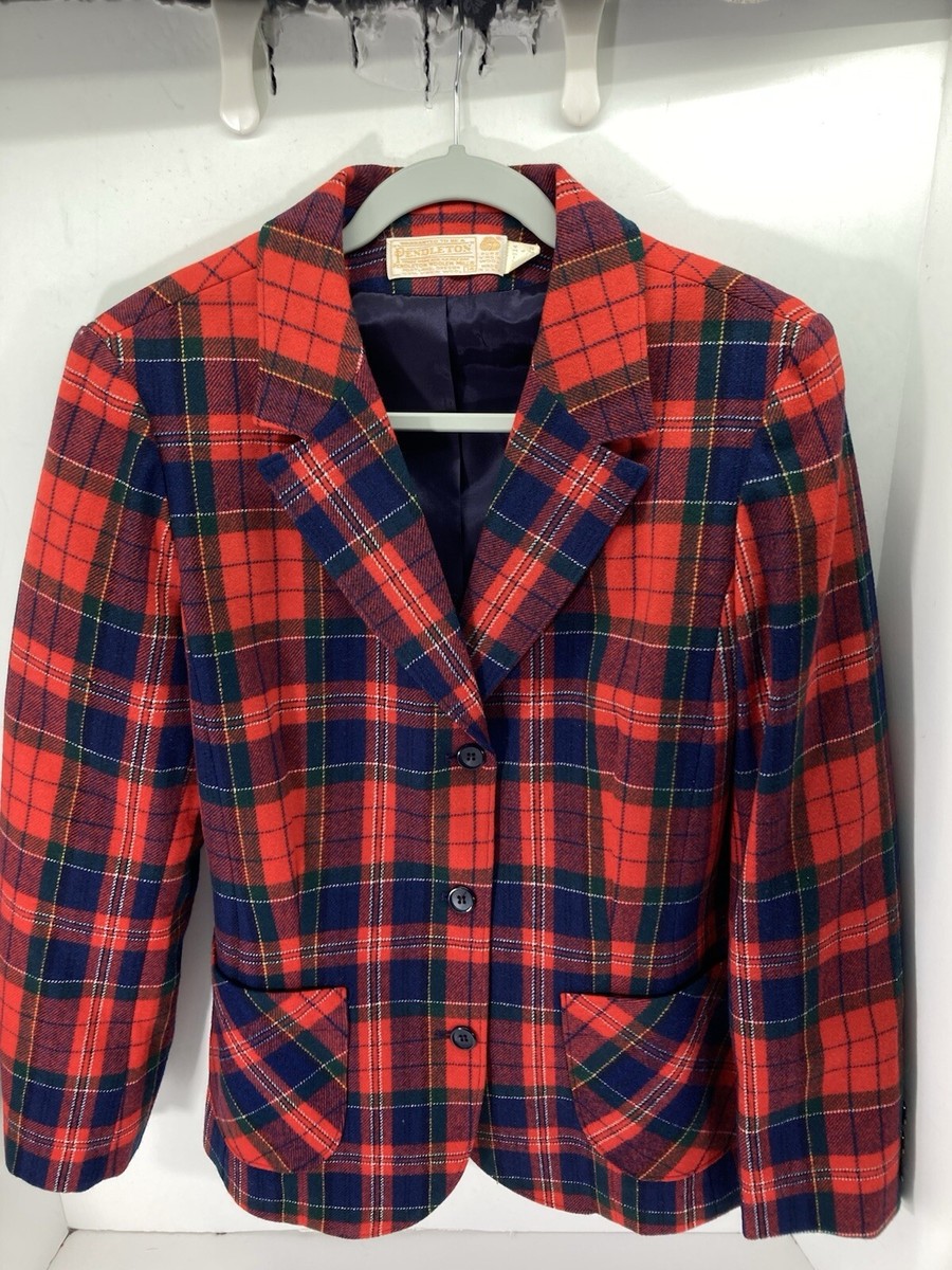 Pendleton Virgin Wool Blazer Women Sz 14 Red Tartan Plaid Button